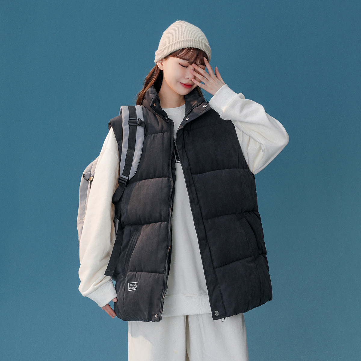 2024冬季中性风新款宽松桃皮绒立领棉马夹黑色MJ02-P55控88，女装马甲，电商B237