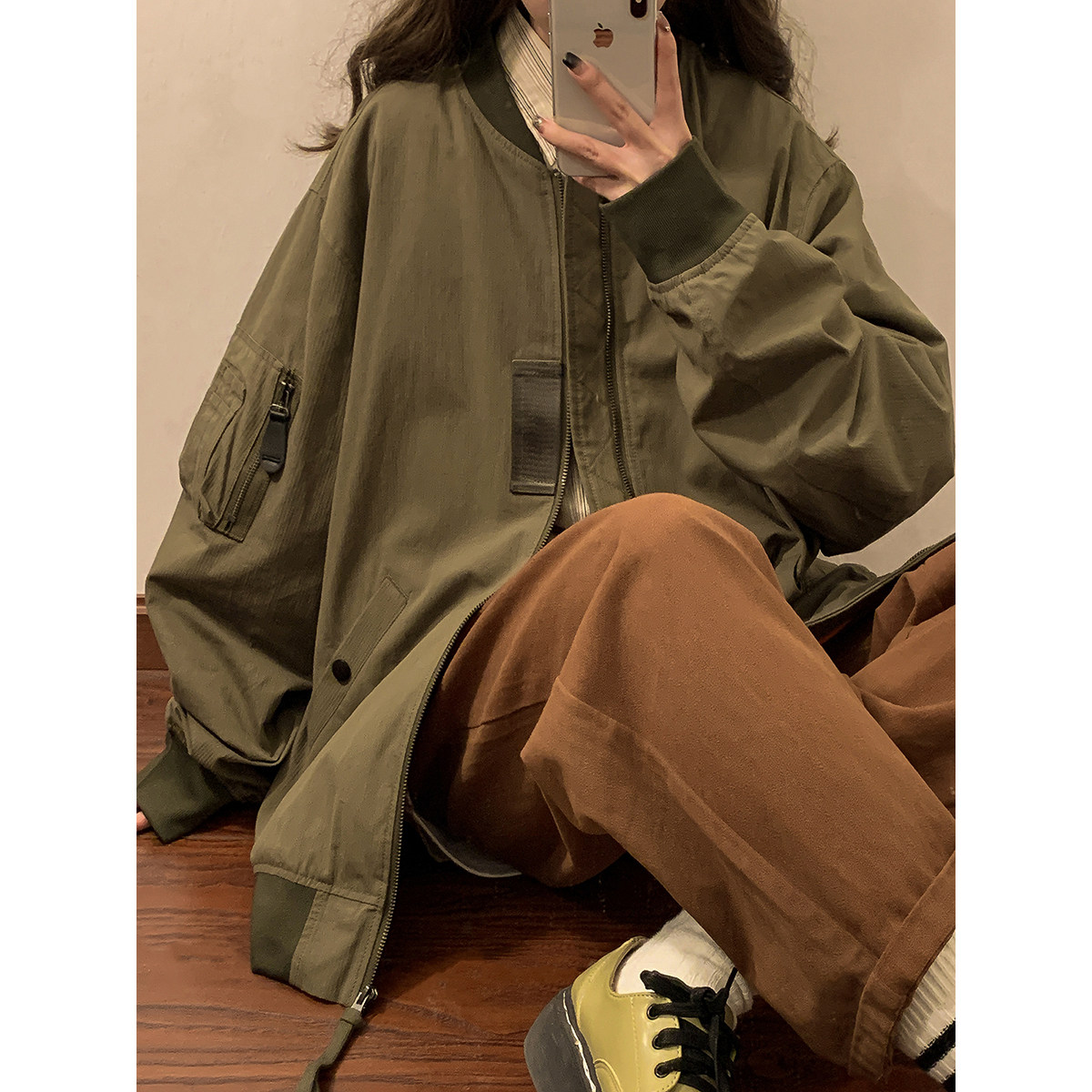 2024女模秋季新款高品质棒球领夹克外套纯棉绿色 JK040-P78图片