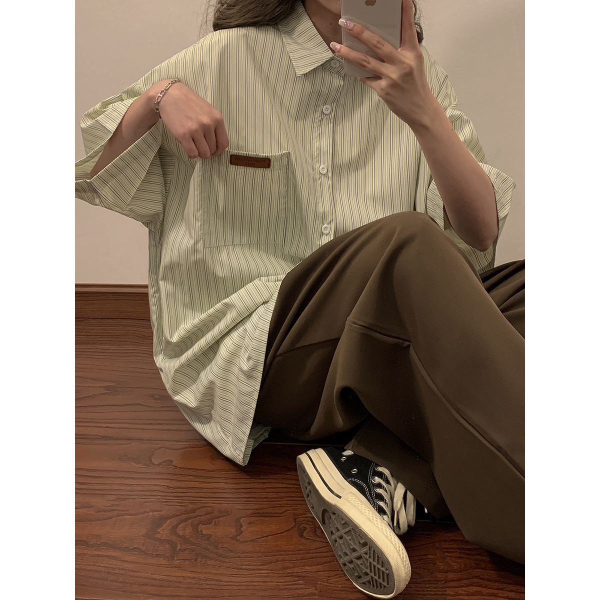 2024女模夏季新款男士宽松条纹衬衫绿色CC034-P45控68，男装衬衫，电商B237