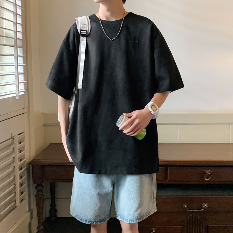 2023港风新款T恤麂皮绒刺绣大板灰色TX083-P25控39,男装T恤,电商B237