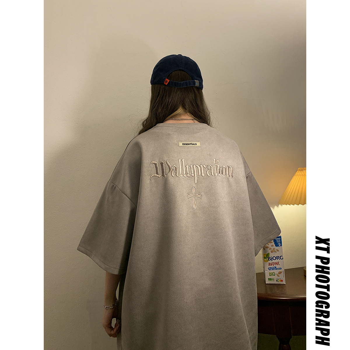 2023女模新款T恤麂皮绒刺绣大板灰TX083-P25控39，男装T恤，电商B237