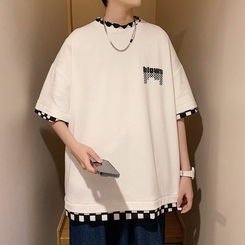 2024夏季新款男士假两件格子短袖T恤黑色TX055-P35,男装T恤,电商B237