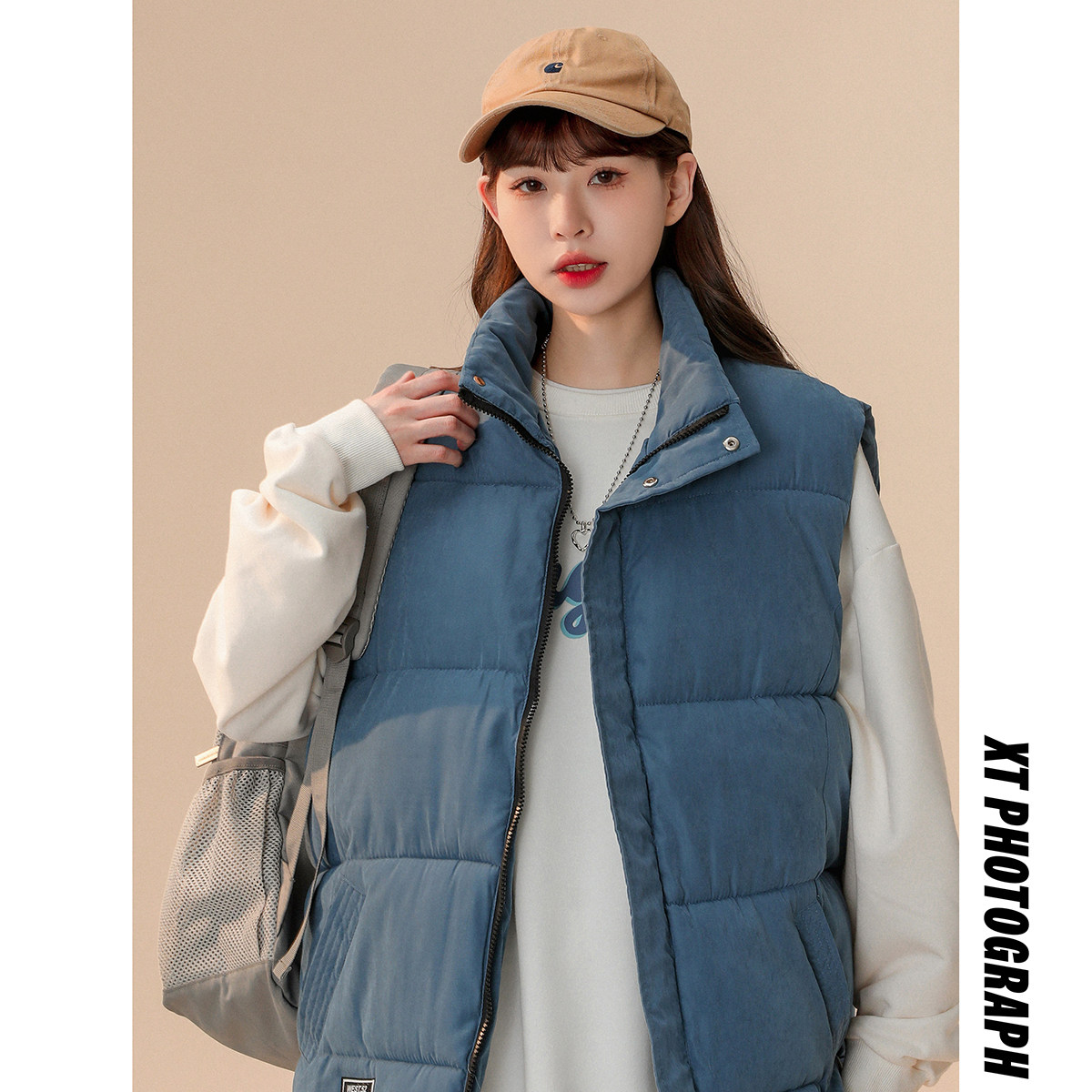 2024冬季中性风新款宽松桃皮绒立领棉马夹蓝色MJ02-P55控88，女装马甲，电商B237