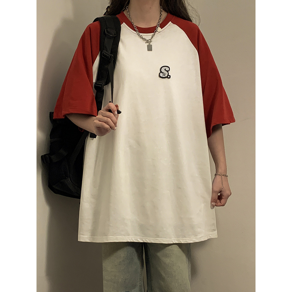 2023女模新款T恤撞色纯棉双纱230克魔术贴大板黑TX084-P25控39,男装T恤,电商B237