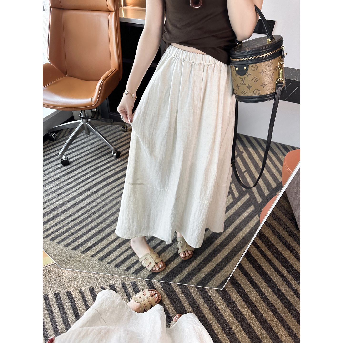 清冷淡人系！~松紧腰天丝亚麻半身裙女春夏薄款显瘦高腰a字中长裙