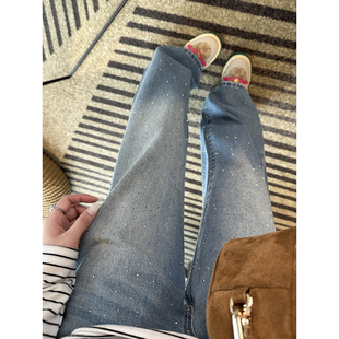 设计感宽松直筒阔腿长裤 女2026新款 子 烫钻牛仔裤 自带细闪特效