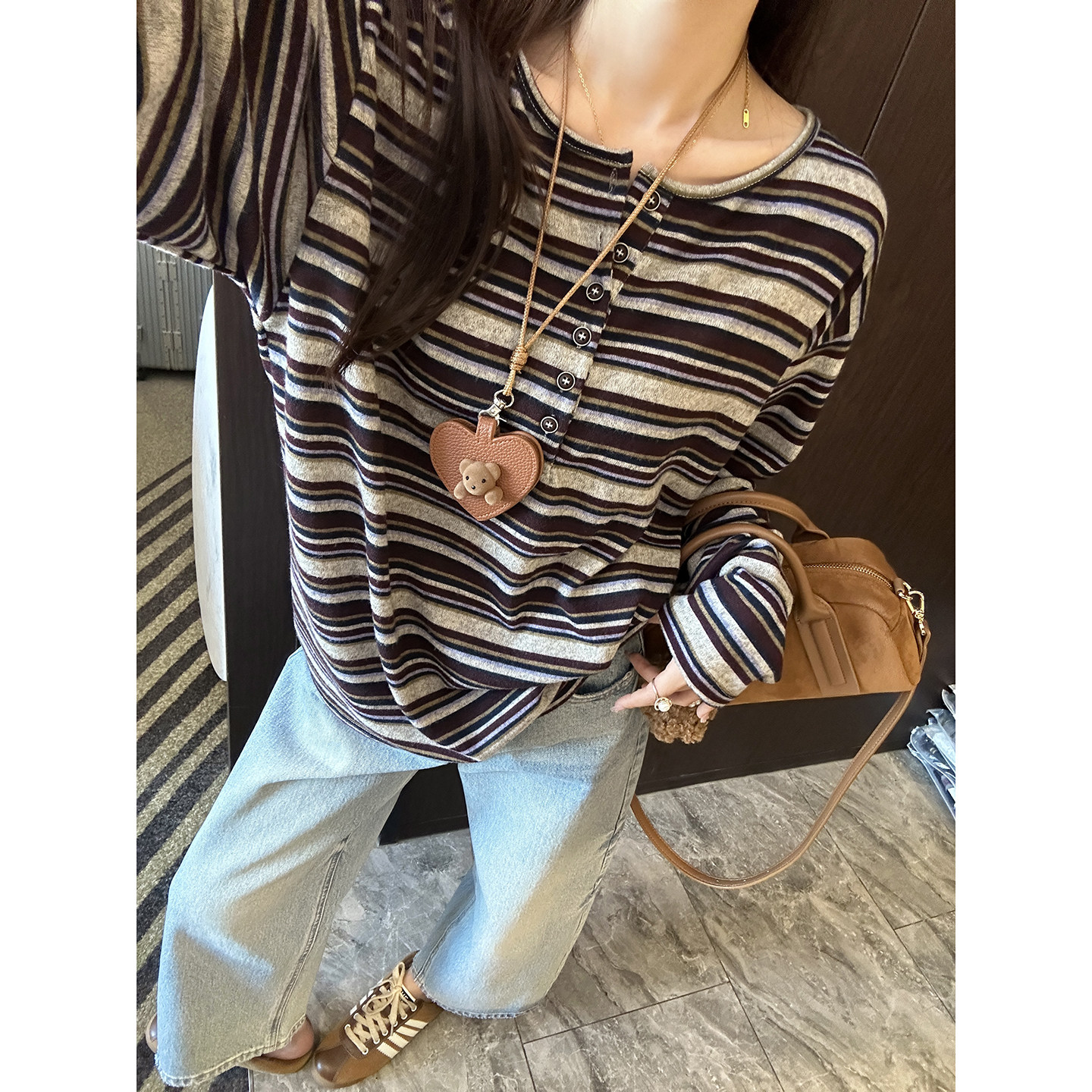 实力圈粉 ！！复古彩条纹半开襟长袖T恤女2026春新款宽松圆领上衣,女装/女士精品,毛针织衫,淘宝优惠券,粉丝福利购,淘宝优惠卷