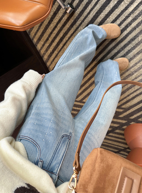 回头率up！~buling烫钻牛仔裤女秋冬新款保暖加绒窄版直筒长裤子