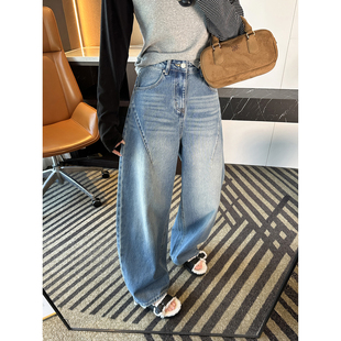 蓝色复古宽松显瘦长裤 版 女2025新款 遮胯弯刀阔腿牛仔裤 型封神