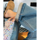 百搭宽松直筒九分裤 女秋冬新款 子 高腰加绒法棍牛仔裤 镇店之宝