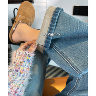 百搭宽松直筒九分裤 女秋冬新款 子 高腰加绒法棍牛仔裤 镇店之宝