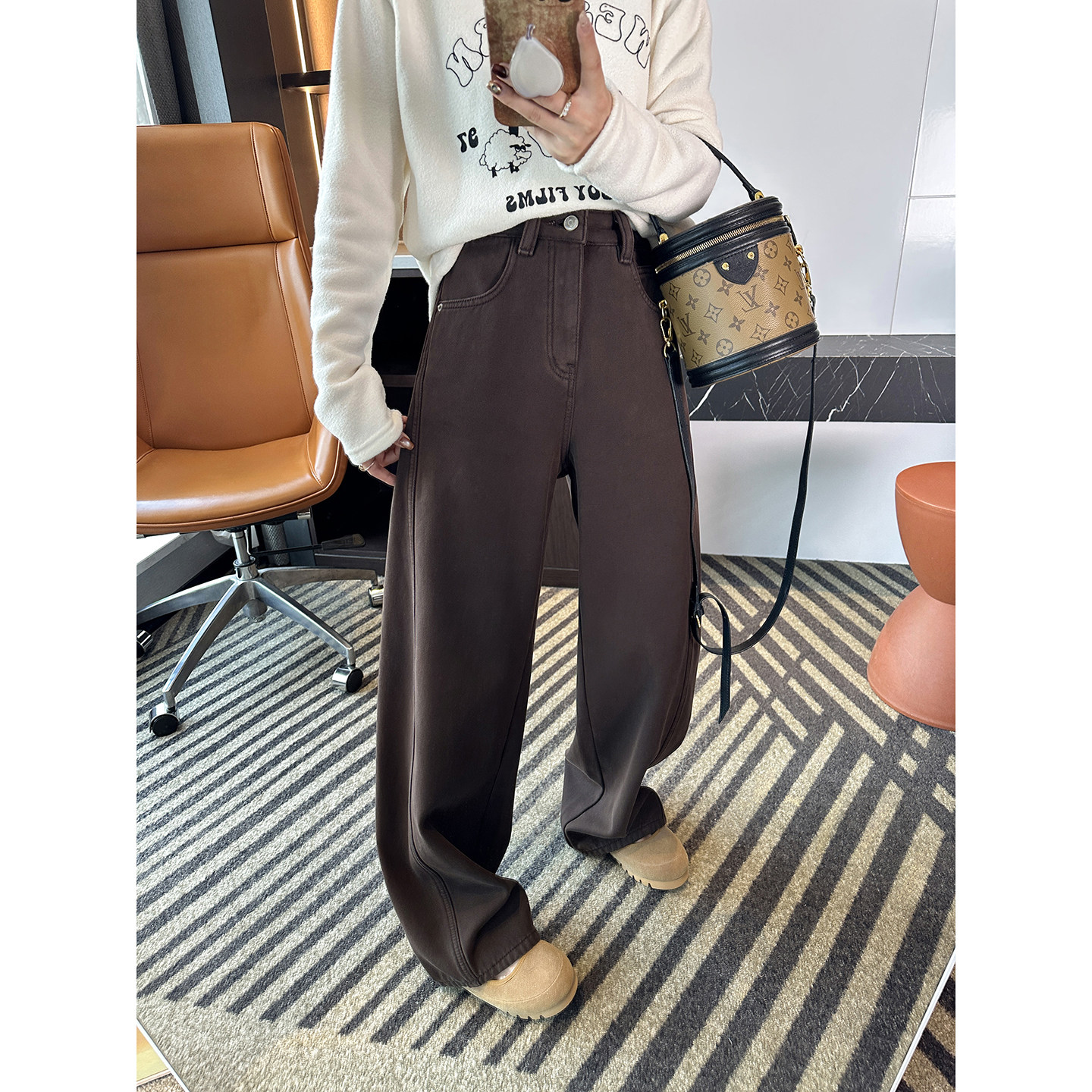 修胯神裤！~棕色阔腿弯刀牛仔裤女2025新款冬加厚绒宽松显瘦长裤,女装/女士精品,牛仔裤,淘宝优惠券,粉丝福利购,淘宝优惠卷