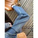 女秋新宽松阔腿喇叭长裤 回头率敲高 设计感破洞烫钻筒喇牛仔裤