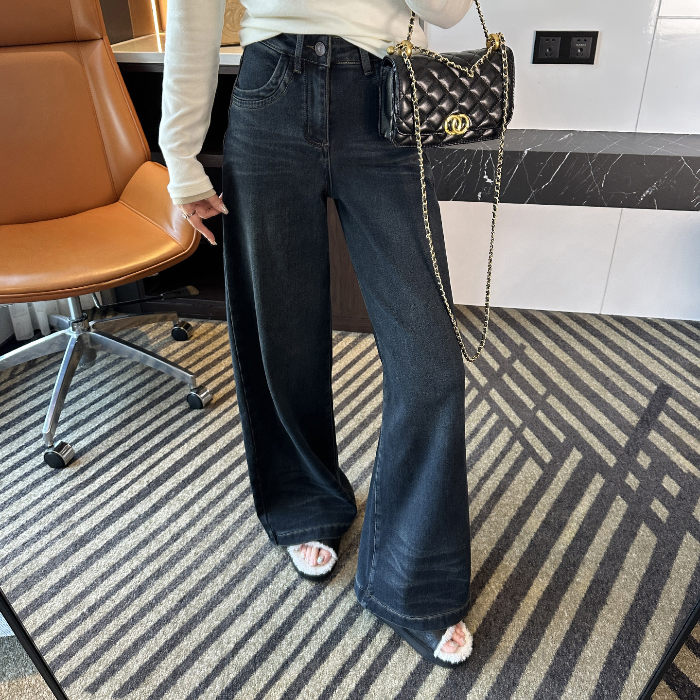 时髦担当！~波嬉风压皱牛仔裤女秋冬加绒深色高腰宽松阔腿长裤新,女装/女士精品,牛仔裤,淘宝优惠券,粉丝福利购,淘宝优惠卷