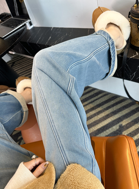 时髦水洗色！！浅蓝保暖宽松阔腿裤女秋冬新款加绒弯刀牛仔裤子女