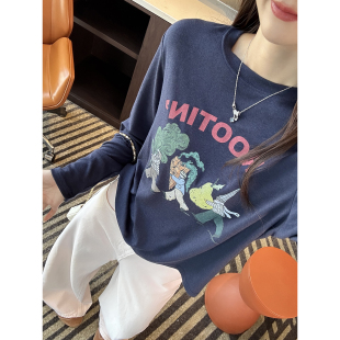 春季 T恤女2026新款 宽松圆领上衣 印花工艺弹力打底长袖 本期必buy