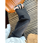 闪耀星河 子 黑色宽松显瘦弯刀长裤 双面烫钻阔腿牛仔裤 早春新款