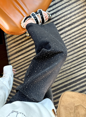 闪耀星河！~双面烫钻阔腿牛仔裤早春新款黑色宽松显瘦弯刀长裤子