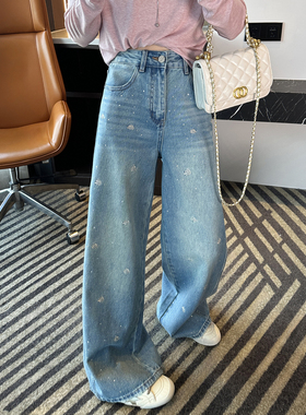 时髦C位！~花朵刺绣烫钻牛仔裤女2026新款春季设计感宽松阔腿长裤