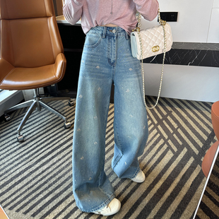 设计感宽松阔腿长裤 时髦C位 春季 女2026新款 花朵刺绣烫钻牛仔裤