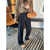 双版 本鹅绒直筒拖地牛仔裤 女冬新款 硬核保暖 深色宽松阔腿长裤
