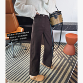 复古咖色牛仔奶奶裤 女宽松新款 美拉德保暖植绒直筒裤 梨型必入