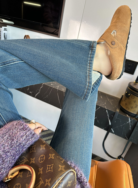 两版长度！加绒高腰微喇叭牛仔裤女秋冬新款复古修身弹力显瘦裤子