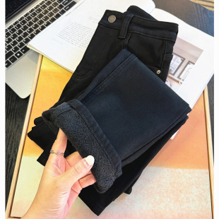 版 冬新款 神裤 女显瘦弹力九分烟管直筒裤 黑色加厚绒牛仔裤 经典