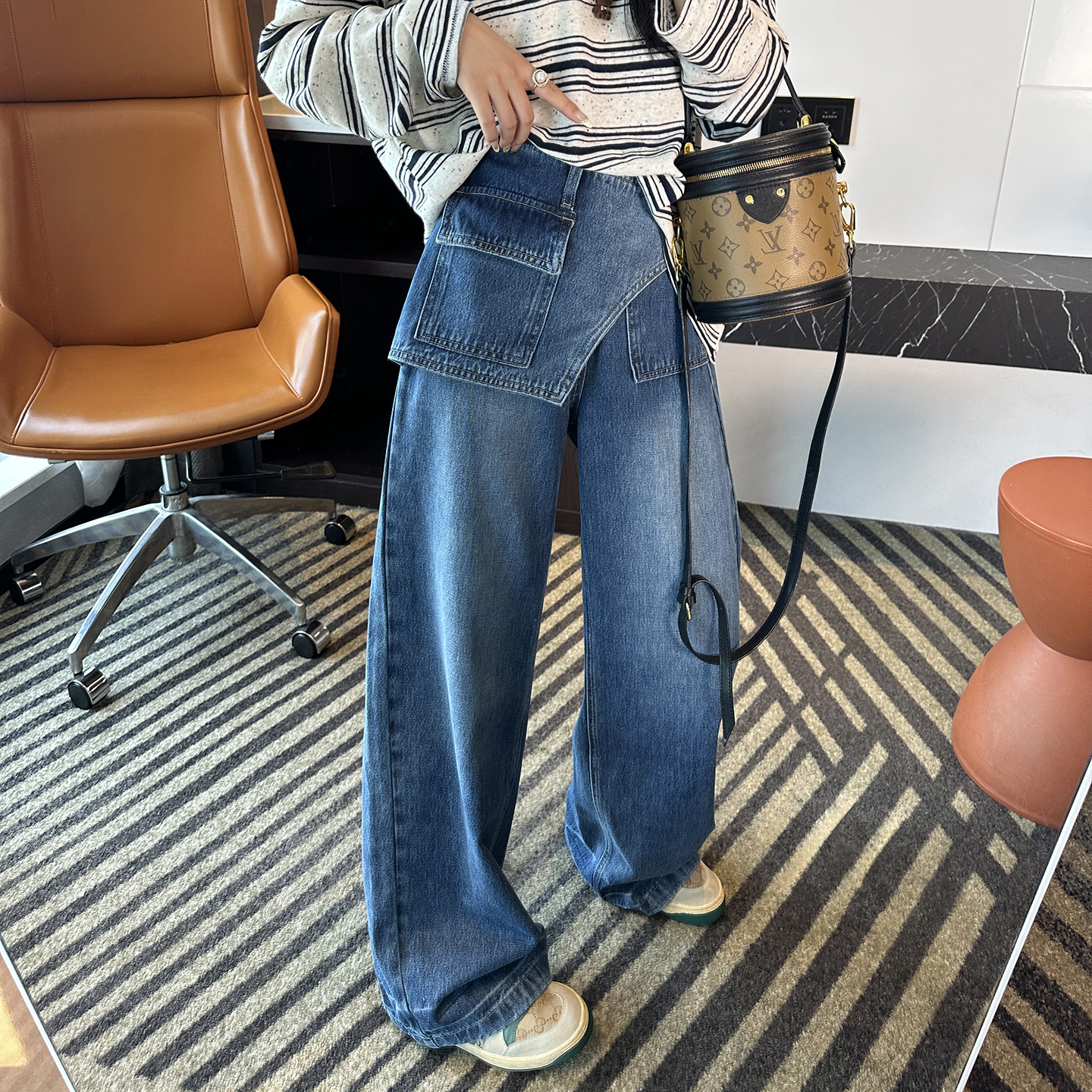超遮胯！设计感假两件阔腿牛仔裤