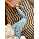 弹力小脚牛仔裤 穿出筷子腿 靴裤 女冬季 浅蓝色毛边九分加绒铅笔裤