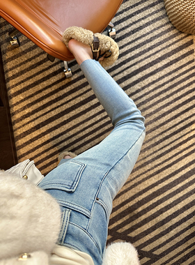 穿出筷子腿~浅蓝色毛边九分加绒铅笔裤女冬季靴裤弹力小脚牛仔裤