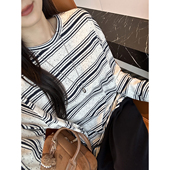 圆领宽松慵懒长袖 永远 T恤上衣 女春季 新款 经典 麻点条纹打底衫