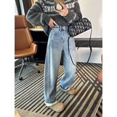 女秋冬新浅蓝色宽松阔腿加绒裤 遮胯王牌 显瘦斜裁弯刀牛仔裤 子