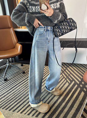 遮胯王牌！~显瘦斜裁弯刀牛仔裤女秋冬新浅蓝色宽松阔腿加绒裤子
