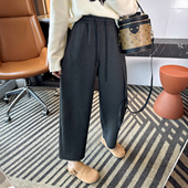 女秋冬加厚羊毛九分阔腿休闲裤 小个子福音 时髦人字纹加绒哈伦裤