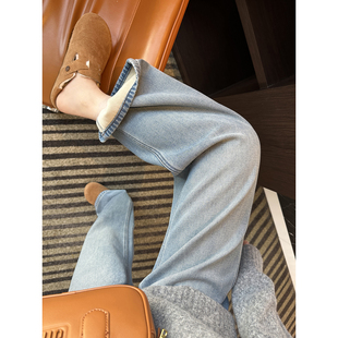 子 女秋冬加厚复合绒浅蓝色拖地裤 拯救腿型 遮胯直筒阔腿牛仔裤