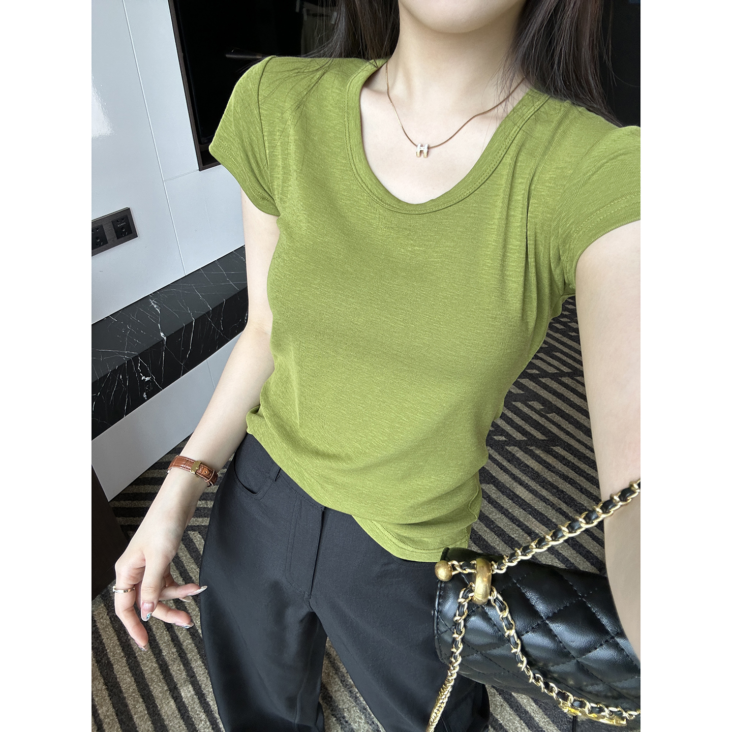 巨显白白~！多色凉感 莫代尔U领正肩短袖女夏季新修身显瘦上衣T恤