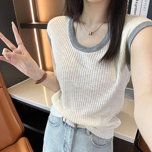 上衣 冰爽竹节麻 小飞袖 正肩T恤女2025新夏季 设计感撞色圆领短袖