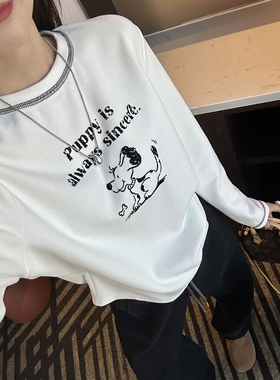 锁温一jue！~膨体绒圆领打底衫女秋冬新款保暖设计感印花明线上衣