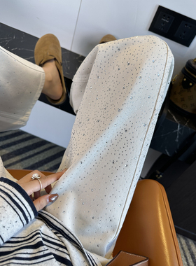 吸睛焦点！~白色烫钻阔腿牛仔裤女春季新款亚麻高腰宽松直筒长裤