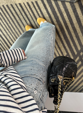 C位出道！~绝美烫钻浅蓝色牛仔裤女2026新款柔软高腰宽松阔腿裤子