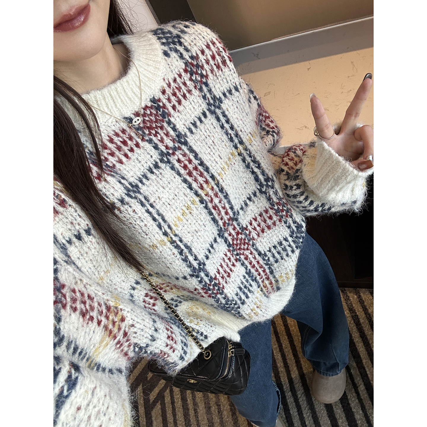 怒夸yi百次！~格纹羊毛针织衫女