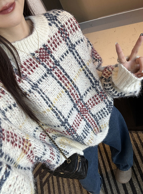 怒夸yi百次！~超柔软格纹羊毛针织衫女秋冬保暖韩系宽松圆领毛衣