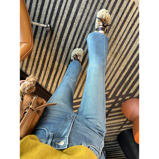 植绒保暖高腰九分裤 女秋冬新款 侧开叉微喇叭牛仔裤 秒变漫画腿