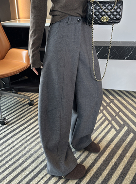 显瘦魔法裤！灰色立裁中线毛呢弯刀裤女秋冬加厚绒宽松阔腿休闲裤