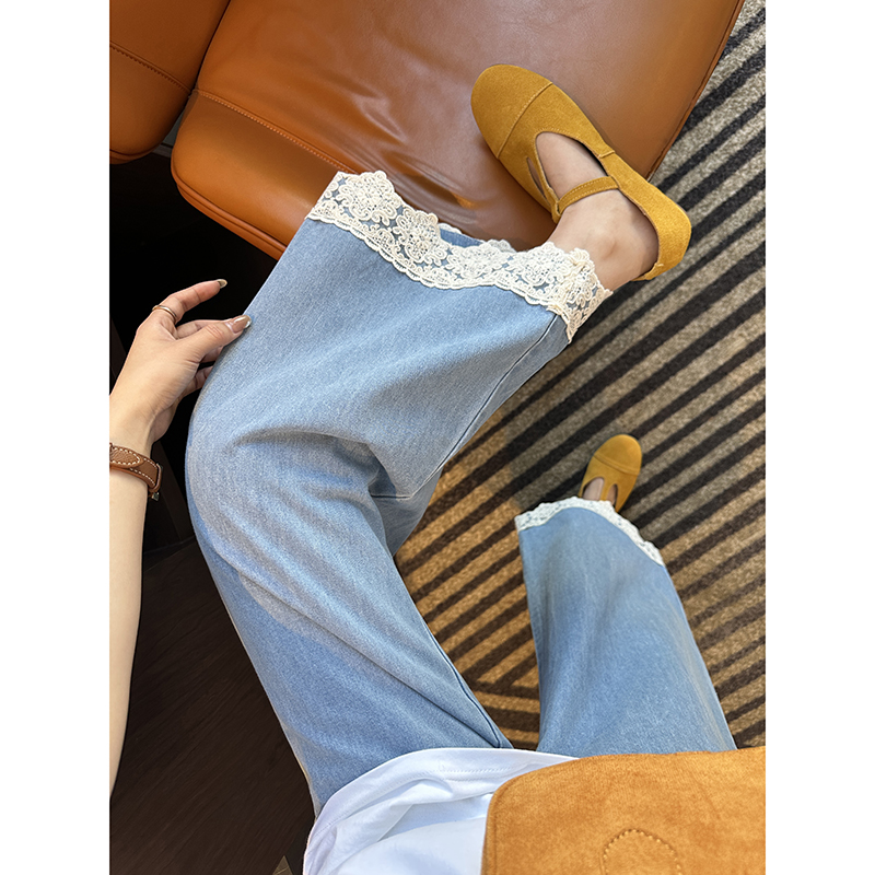 手感chao赞~！蕾丝拼接牛仔裤女