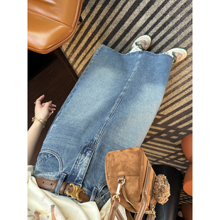 黄jin分割比例 新 高腰A字牛仔半身裙复古后开叉中长裙子女春季