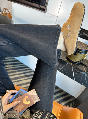 长腿压迫感！~黑灰色四面弹微喇叭牛仔裤女加绒高腰修身显瘦长裤