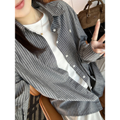 棉麻色织竖条纹衬衫 女2026春季 新款 私服推荐 宽松慵懒长袖 上衣