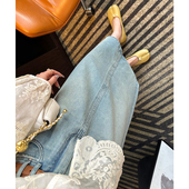 a字中长款 本期B入 巨好穿水洗做旧高腰后开叉半身裙女新款 牛仔裙